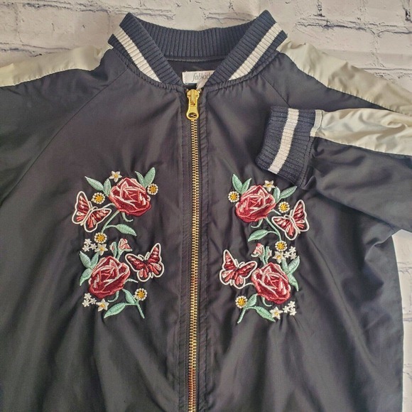 Fabkids Jacket Girls Size Medium Black Floral Embroidered Full Zip Lightweight 6 - Picture 1 of 8